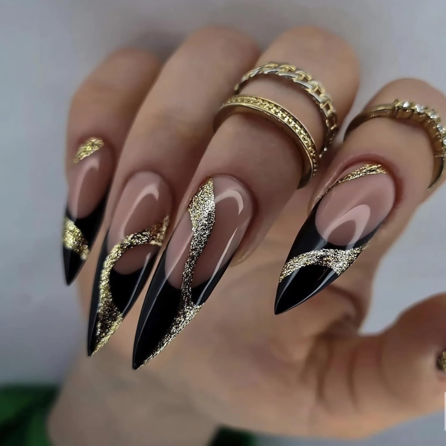 Glamorous Black & Gold Nail Design