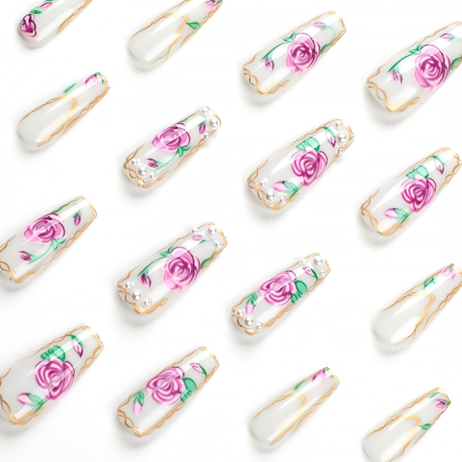 MERVF Coffin Press on Nails Long Fake Nails French Tip Ballerina White Glue on Nails Rose Floral Pearl Acrylic False Nails with Gold Lines Design Press ons 24pcs Glossy