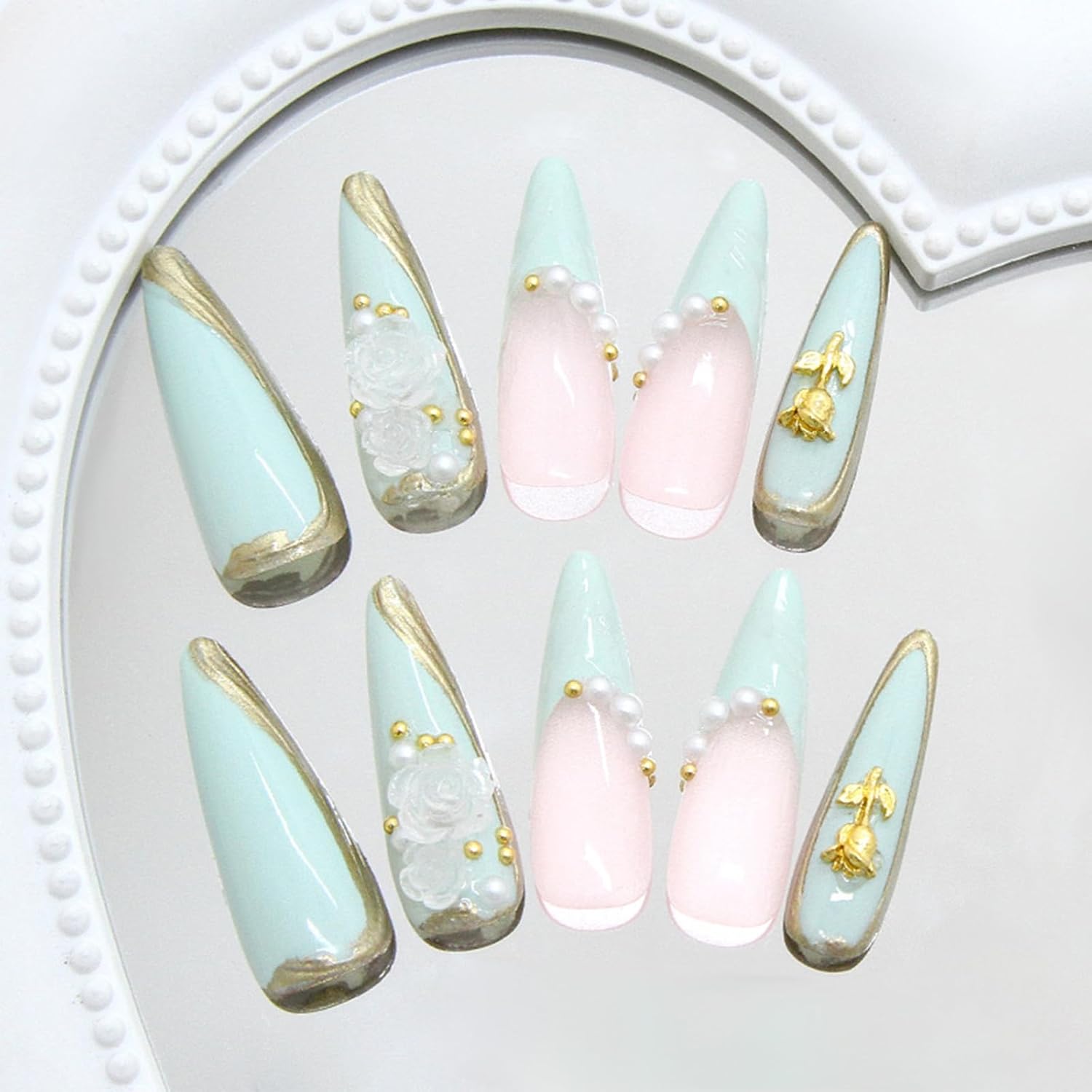 Long Press on Nails Stiletto Fake Nails with Designs 3D Gold Flower Stick on Nails Pearl False Nails White Floral Acrylic Nails Glossy Artificial Nails Full Cover Glue on Nails for Women 24Pcs