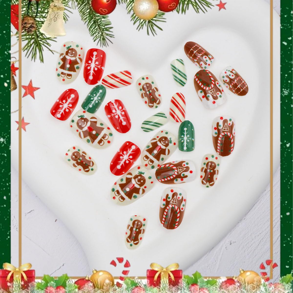 Gingerbread Man Christmas Press-On Nails – 24 Pcs Almond Fake Nails-Free Shipping