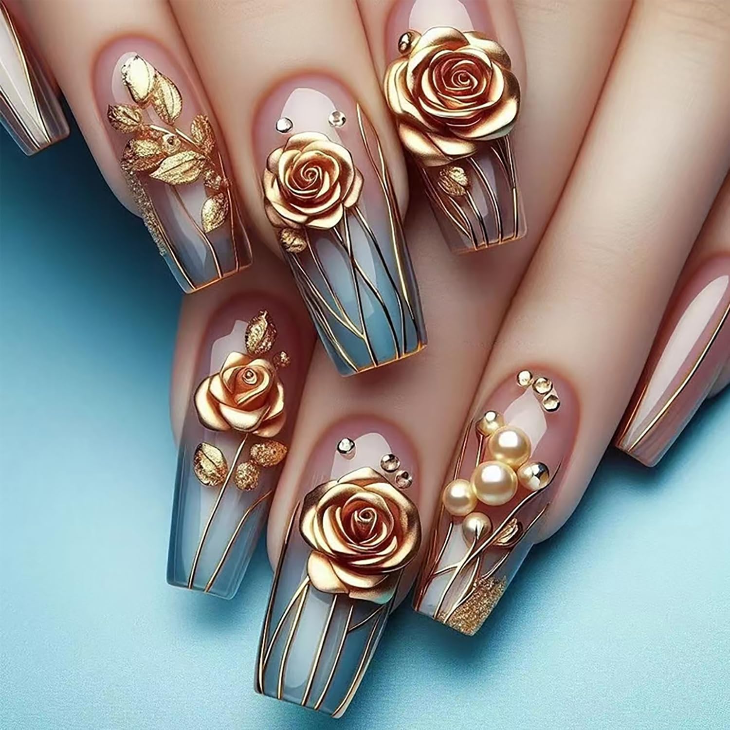 Gold Rose Flower Press on Nails Long Ballet Shaped Full Cover Glossy Acrylic Fake Nail Golden Flower Lines Design Blue Gold Gradient Artificial Fingernails DIY Glue on Nails for Women 24Pcs