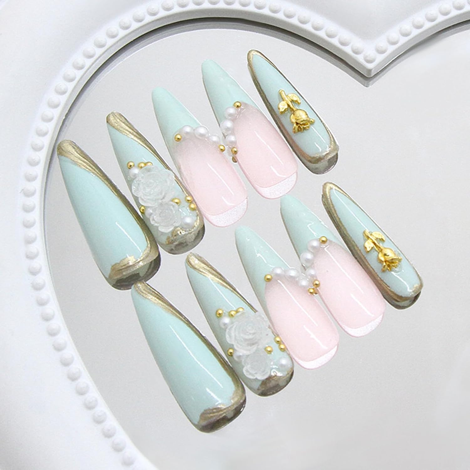 Long Press on Nails Stiletto Fake Nails with Designs 3D Gold Flower Stick on Nails Pearl False Nails White Floral Acrylic Nails Glossy Artificial Nails Full Cover Glue on Nails for Women 24Pcs