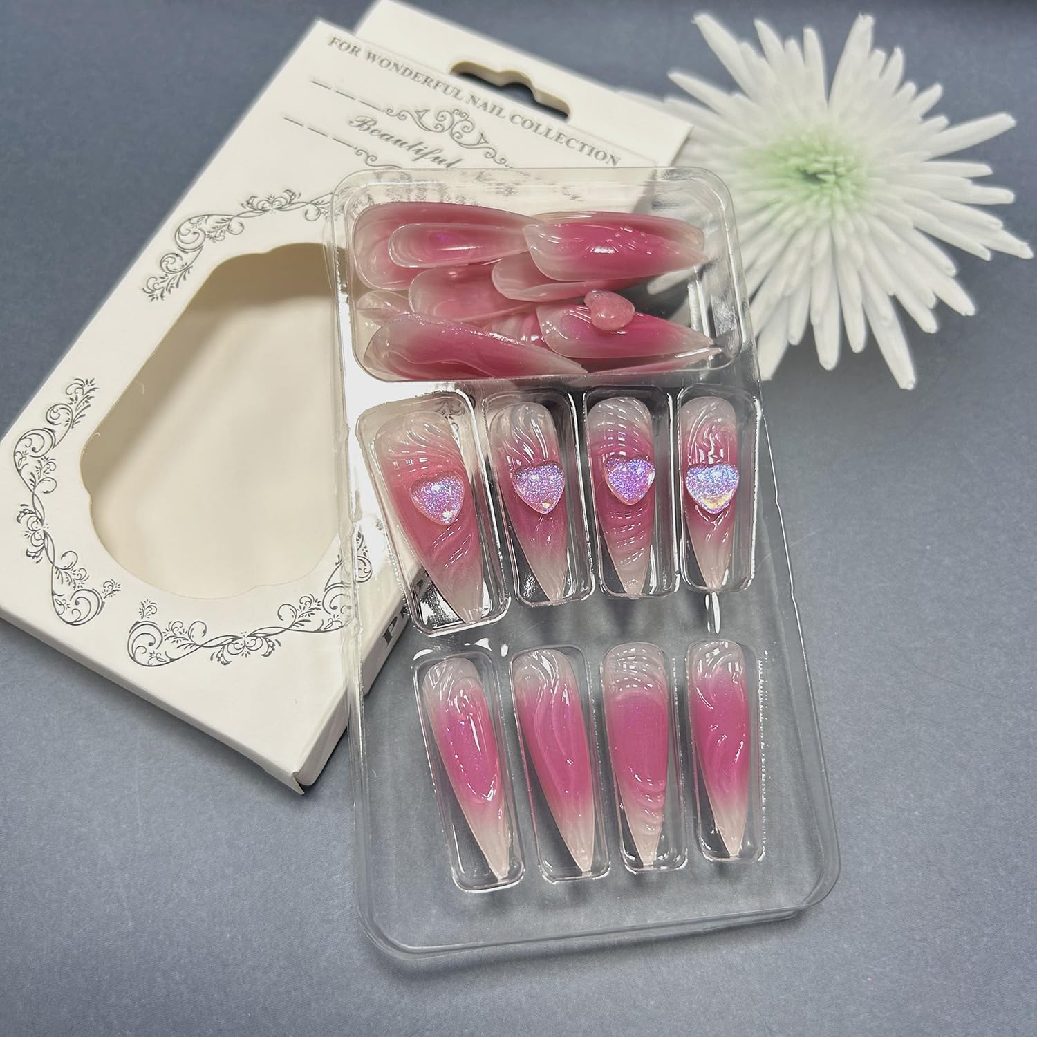 Press on Nails Extra Long Almond Tip Pink 3D Love Heart Design False Nails Artificial Acrylic Nails Pink Smudge Fake Nails 24Pcs Full Cover Reusable Coffin Nails Glue on Nails for Women Kit