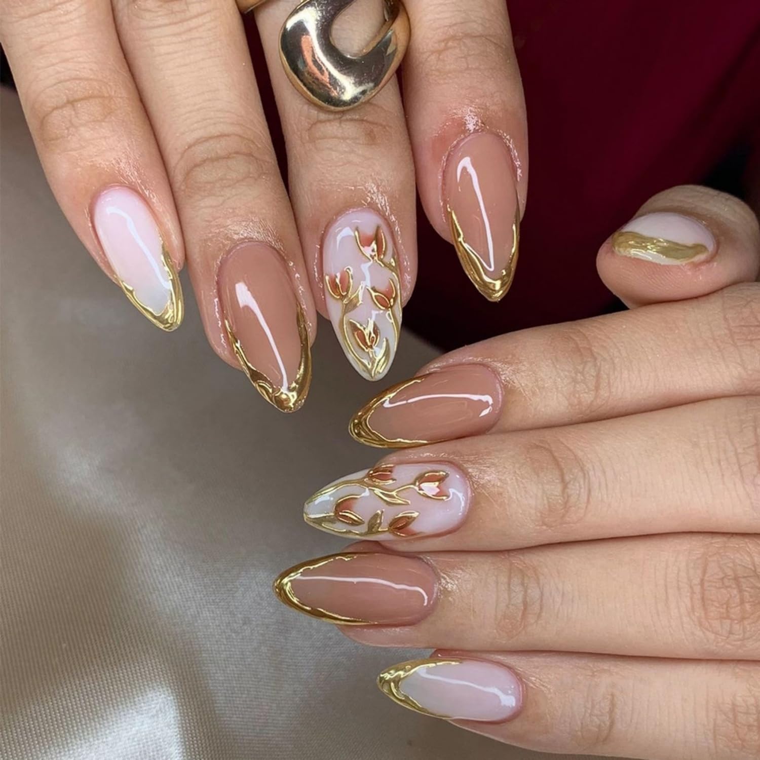 Flower Press on Nails Medium Almond Fake Nails Gold French Tip with 3D Floral Gold Stripes Designs Stick on Nails Glossy Reusable Artificial Acrylic Full Cover False Nails for Women 2 (Gold-18, M-18)