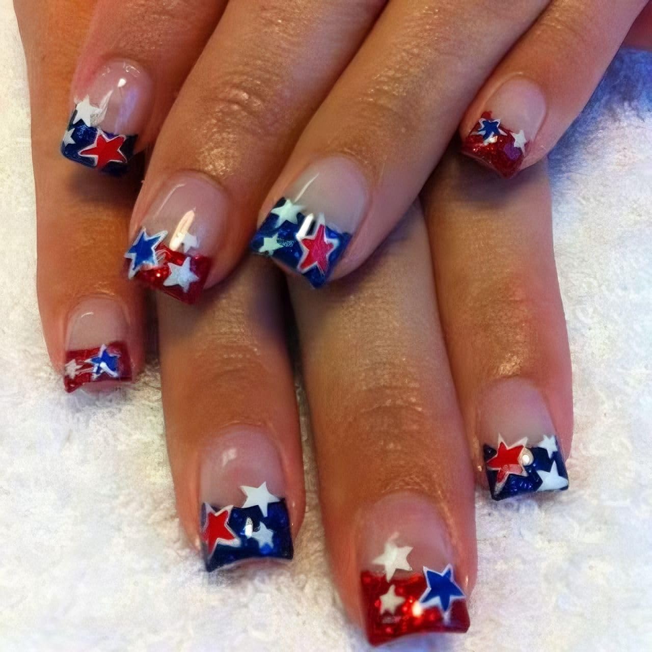 Press on Nails Independence Day Medium Length Fake Nails Red Stripe Glossy False Nails with 3D Star Designs 4th of July Reusable Acrylic Nails Square False Nails for Women Girls 24Pcs