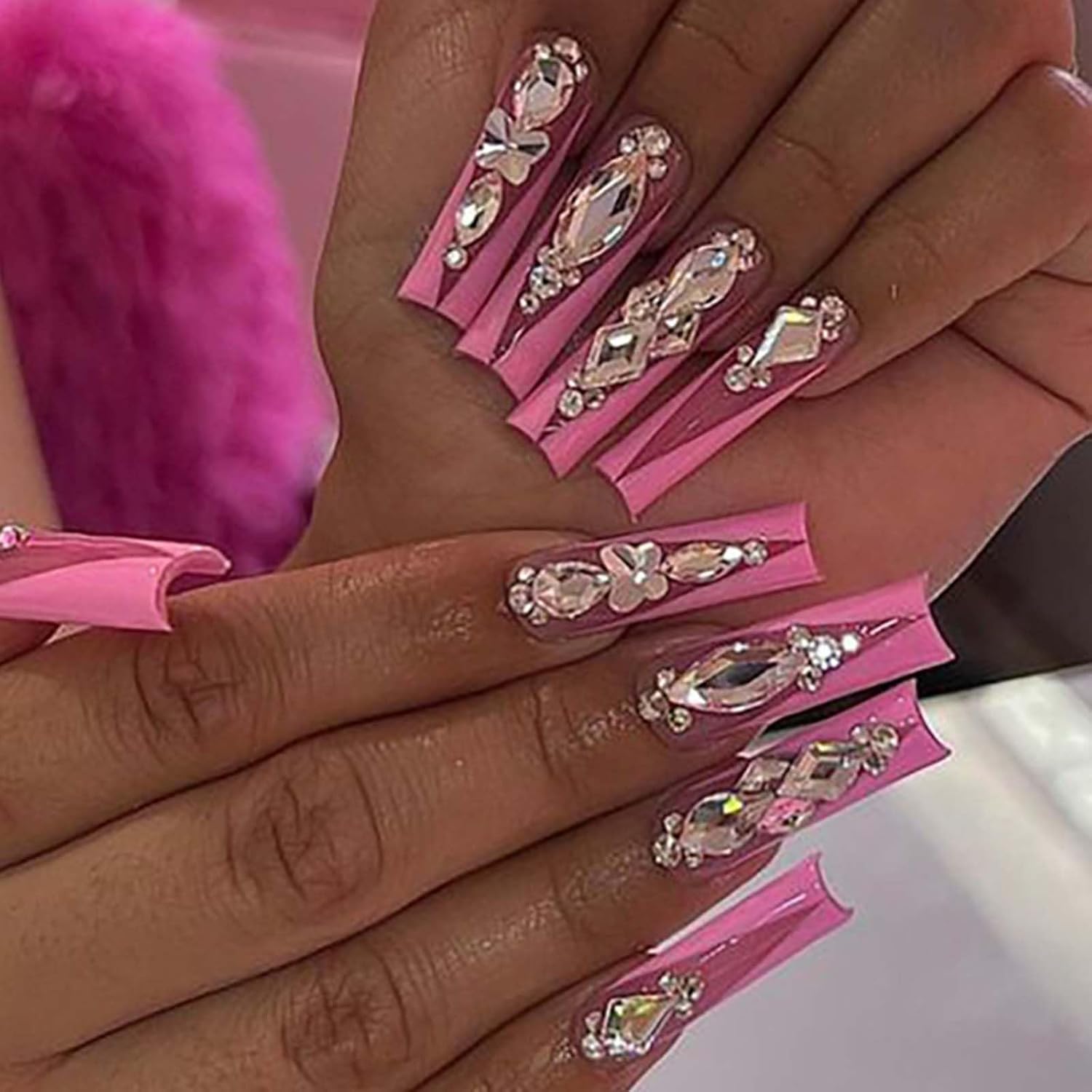 Pink Rhinestone Long Coffin Press-On Nails Acrylic False Nails – Free Shipping