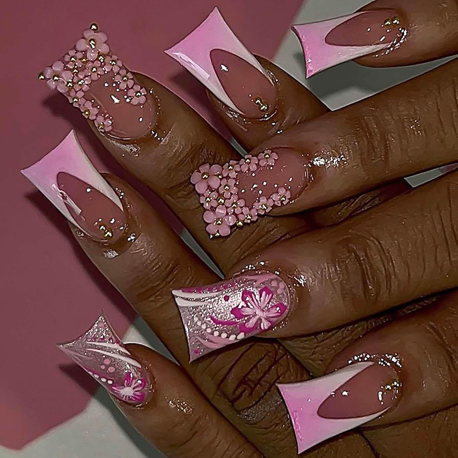 Pink Floral Duck French Press-On Nails Acrylic Fake Nails - Free Shipping
