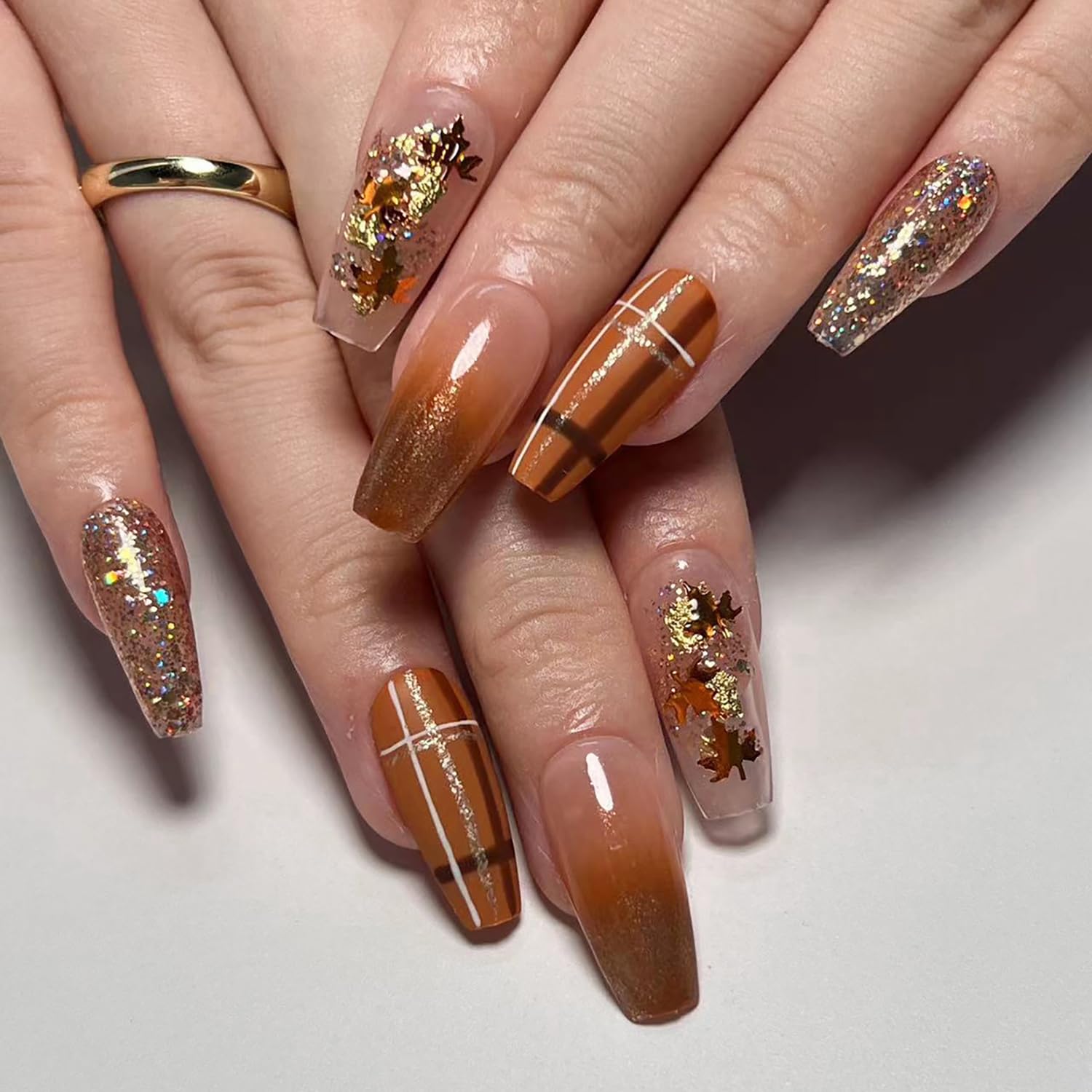 Thanksgiving Press on Nails Long Length Maple Leaves False Nails with Glitter Sequins Design Brown Gradient Acrylic Nails Full Cover Coffin Nails Reusable Glue on Nails for Women Festival Nails