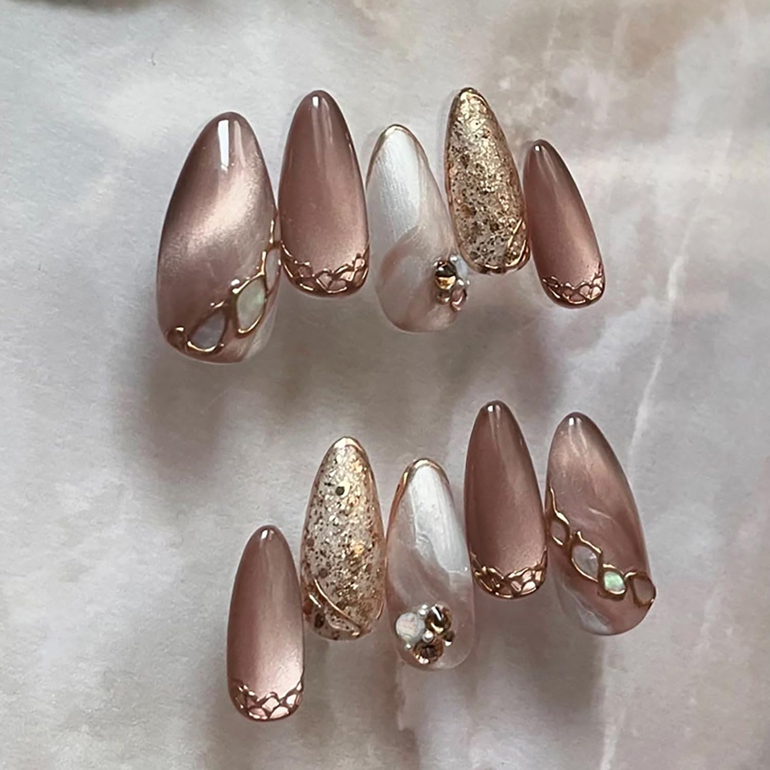 French Tip Press on Nails Brown with Rhinestones Medium Almond Shape False Nails for Wedding Daily Reusable Salon Cute Fake Nails Full Cover Acrylic Stick on Nails Glue on Nails Decoration Kit