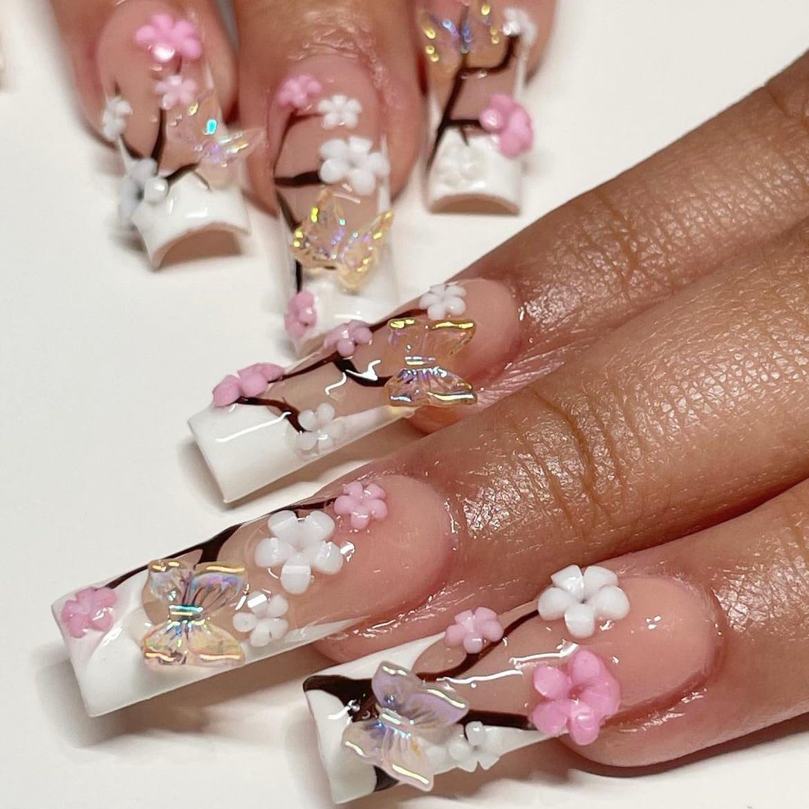 BABALAL Glossy Press on Nails Long Coffin Full Cover False Nails Shiny Stick on Nails Nude Fake Nails for Women and Girls