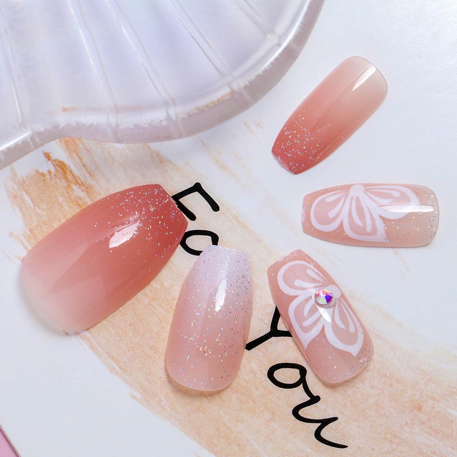Glamorous Rhinestone Flower Coffin Press-On Nails Acrylic False Nails - Free Shipping