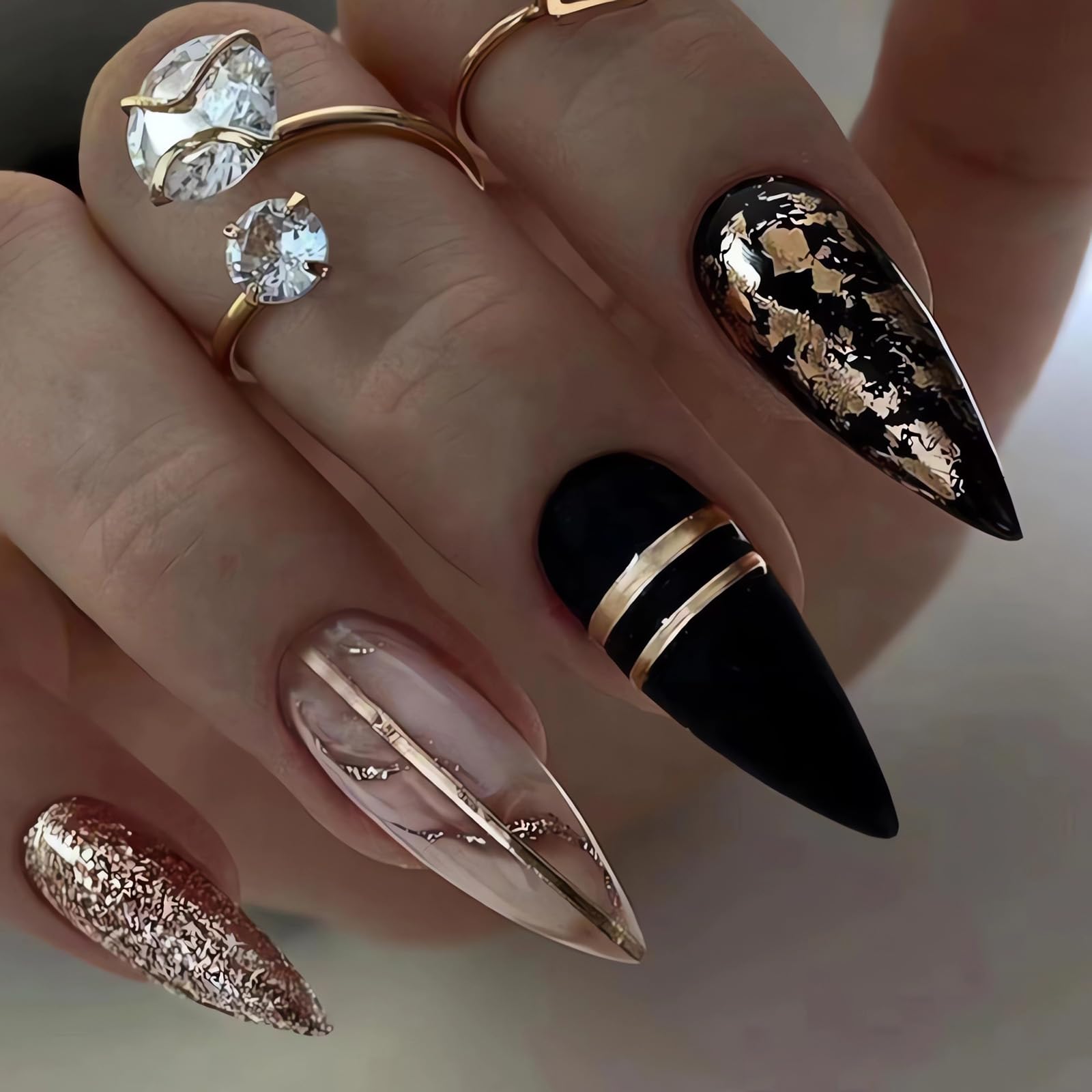 Leopard Press on Nails Almond Medium Fake Nails Gold Black Glue on Nails Full Cover Acrylic False Nail Tips Glossy Artificial Nails Medium Almond Stick on Nails for Women Manicure Decorations