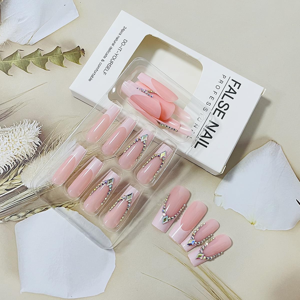 Pink French Rhinestone Long Coffin Press-on Nails Acrylic False Nails - Free Shipping
