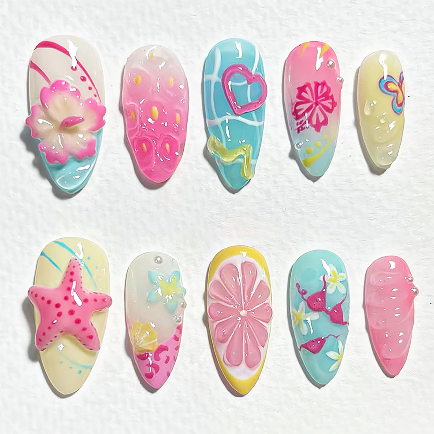 30pcs Green Press on Nails Medium Almond Fake Nails With 3D Flower Pearl Rhinestone Design Gold Beads Butterfly False Nails Star Glue on Nails 3D Summer Floral Full Cover Stick on Nails for Women