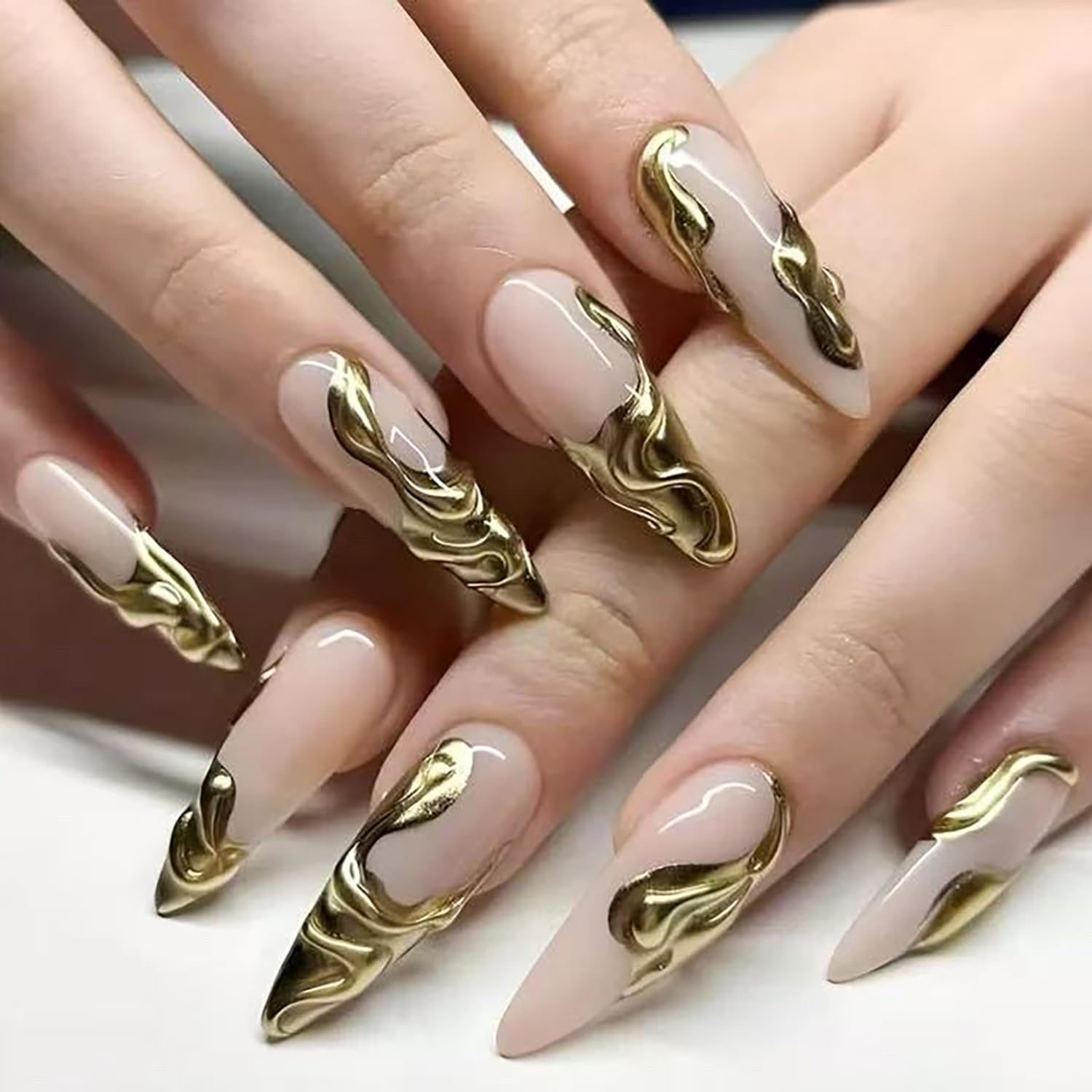 24Pcs Gold French Tip Press on Nails Long Almond Fake Nails with 3D Chrome Gold Irregular Lines Designs Glossy Nude Acrylic Nails Stiletto False Nails Full Cover Artificial Stick on Nails for Women