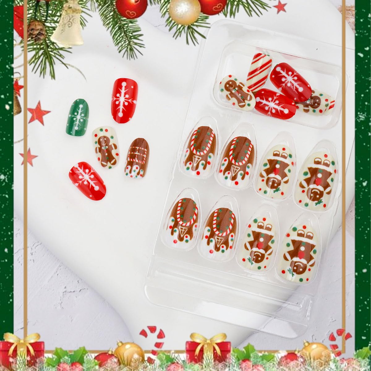 Gingerbread Man Christmas Press-On Nails – 24 Pcs Almond Fake Nails-Free Shipping
