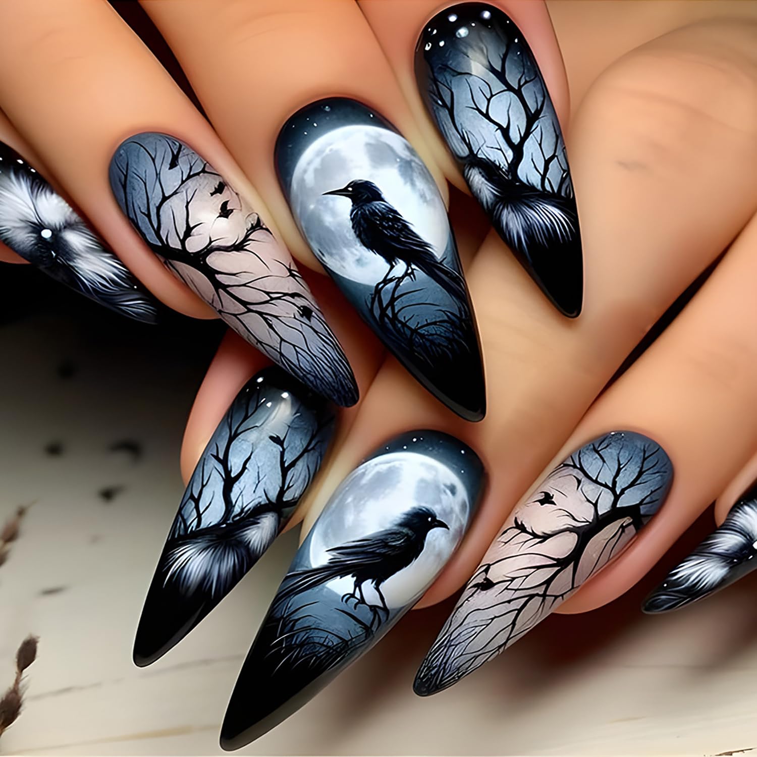 24Pcs Stiletto Press on Nails with Designs, Summer Fake Nails Full Cover Glue on Nails Long Acrylic Nails Press on Black False Nails Reusable Artificial Stick on Nails for Women Nail Decorations