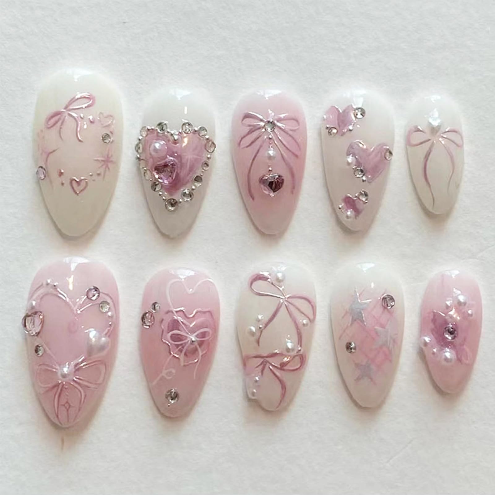 Peach Blossom Press on Nails Short Medium Almond Fake Nails with 3D Pearl Diamond Designs Pink Flower Full Cover Stick on Nails Pink White Gradient Glossy Acrylic Nails False Nails for Women 24Pcs