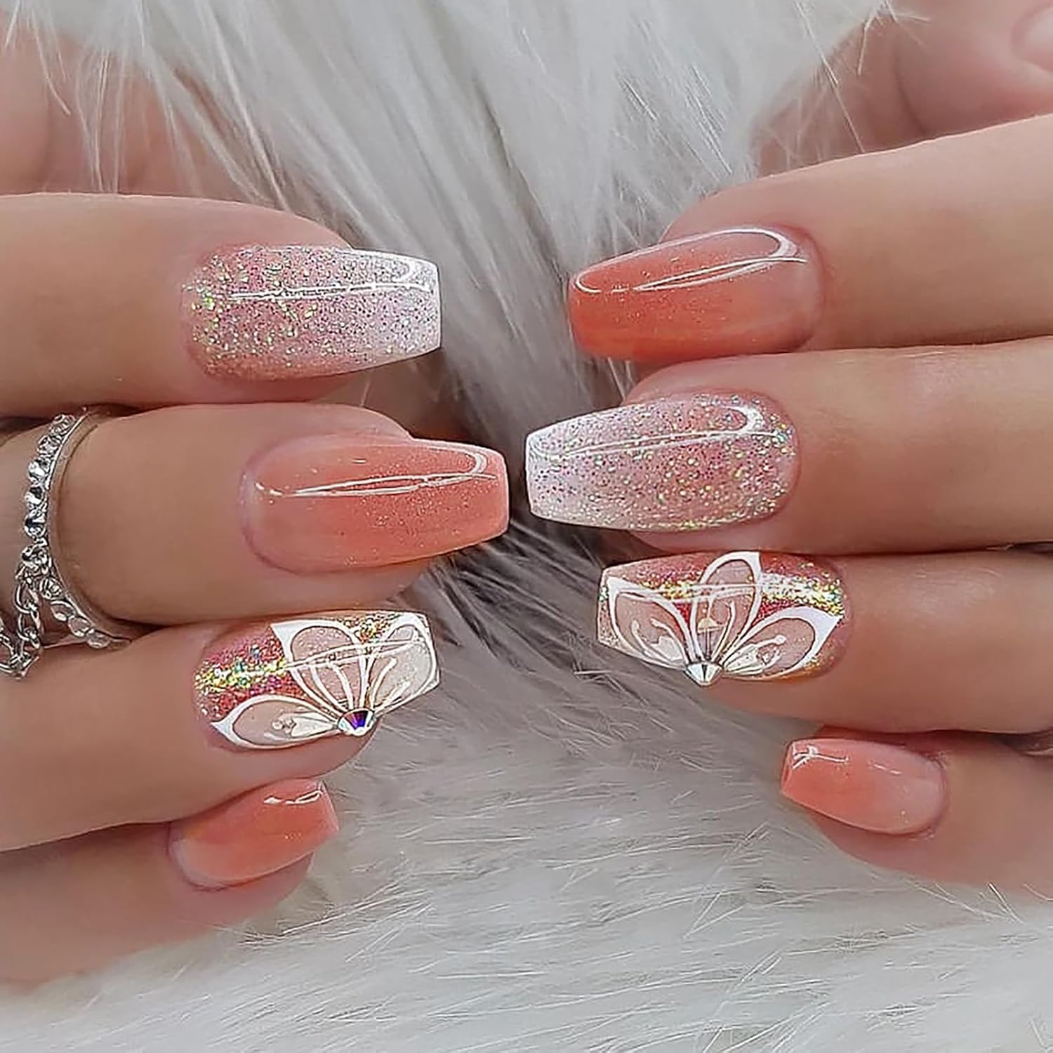 Glamorous Rhinestone Flower Coffin Press-On Nails Acrylic False Nails - Free Shipping