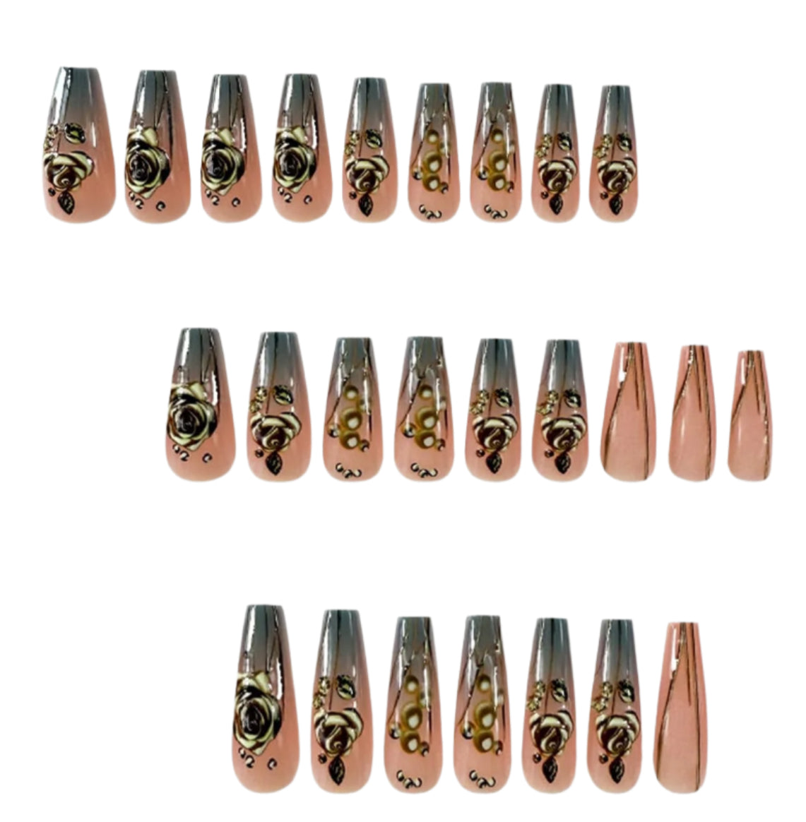 Gold Rose Flower Press on Nails Long Ballet Shaped Full Cover Glossy Acrylic Fake Nail Golden Flower Lines Design Blue Gold Gradient Artificial Fingernails DIY Glue on Nails for Women 24Pcs