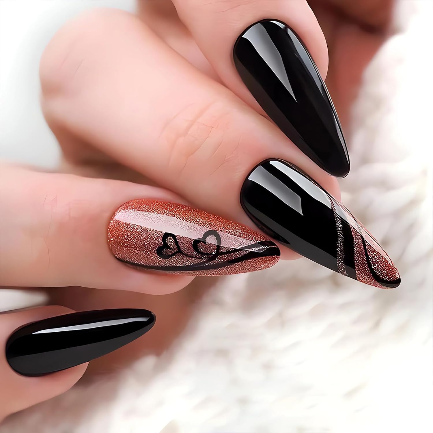 Long Stiletto Press on Nails Black Fake Nails Small Heart Glue on Nails Valentine’s Day Nail Art Decorations Glossy Full Cover Glue on Nails Long Almond Acrylic Nails Stick on Nails for Women 24Pcs