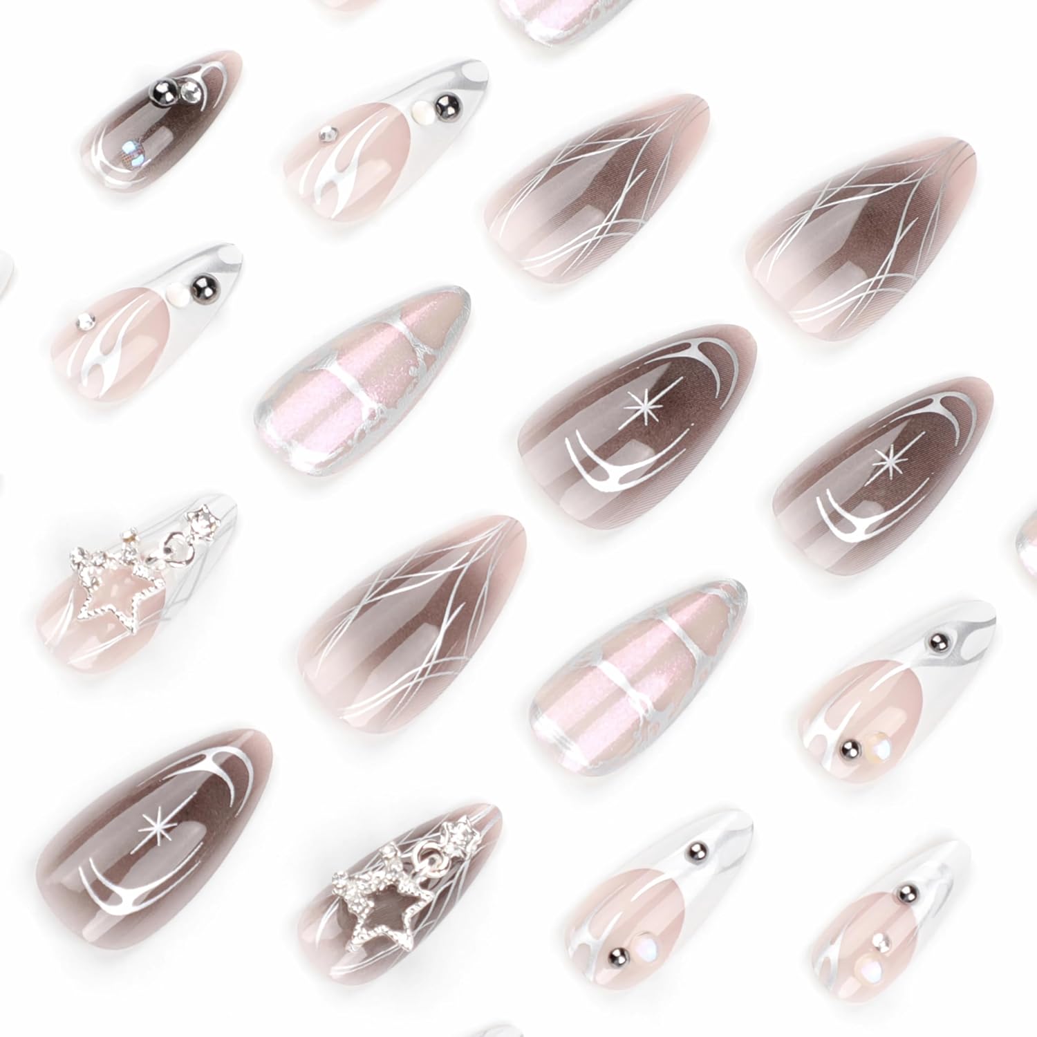 BABALAL Press on Nails Medium Almond Fake Nails Y2K Sliver Chrome Glue ons Nails French Tip Metallic Star Charm Design Acrylic Nails 24Pcs Stiletto Manicure False Nails