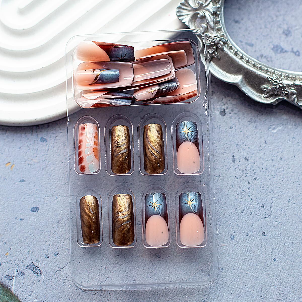 Golden Brown Abstract Starry Chrome Long Coffin Press-On Nails Acrylic Fake Nails-Free Shipping