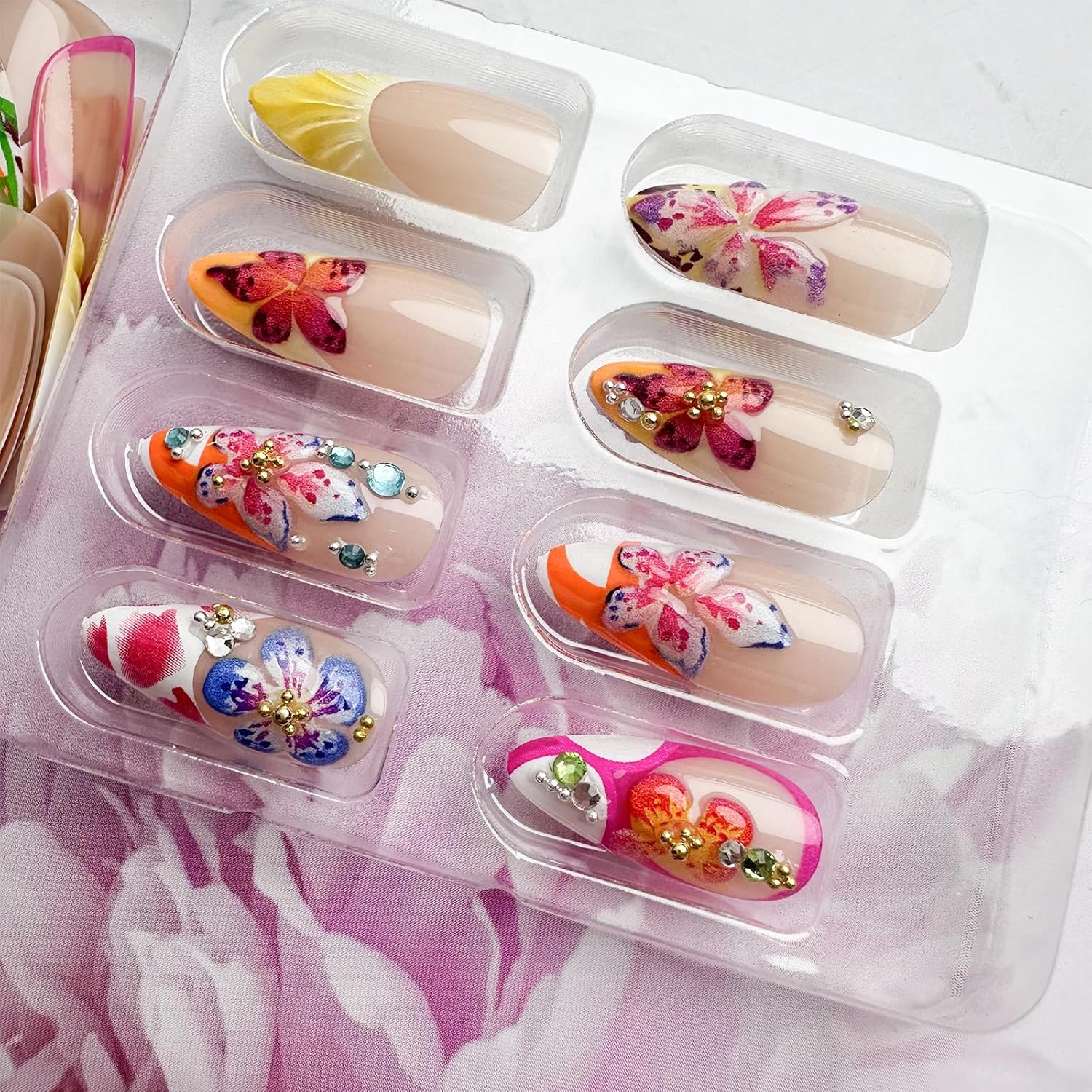 24Pcs Flower Press on Nails Medium Almond Fake Nails with 3D Colorful Spring Floral Butterfly Design Gold Beads Rhinestones Charms False Nails French Tips Glue on Nails for Women Daily Wear