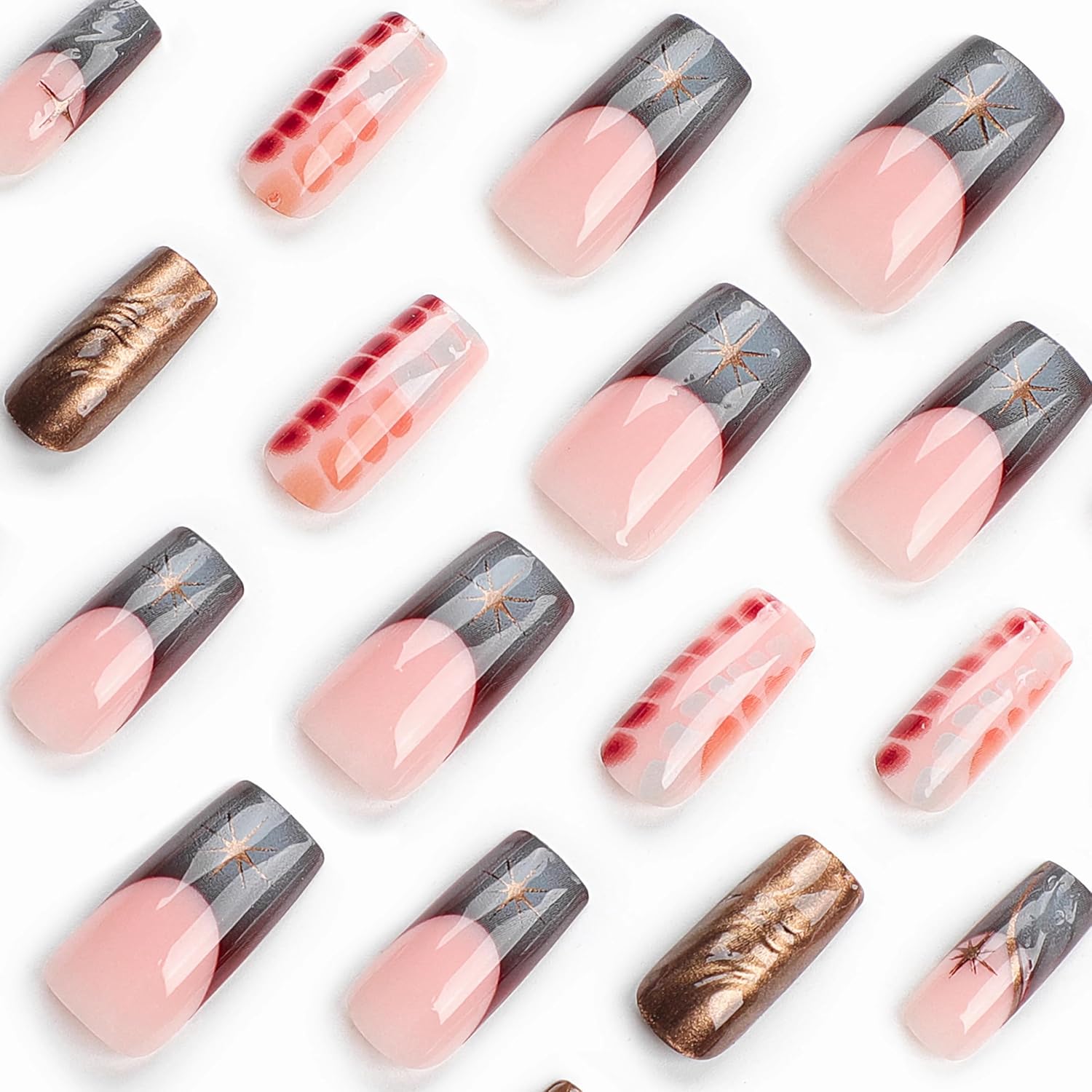 Golden Brown Abstract Starry Chrome Long Coffin Press-On Nails Acrylic Fake Nails-Free Shipping