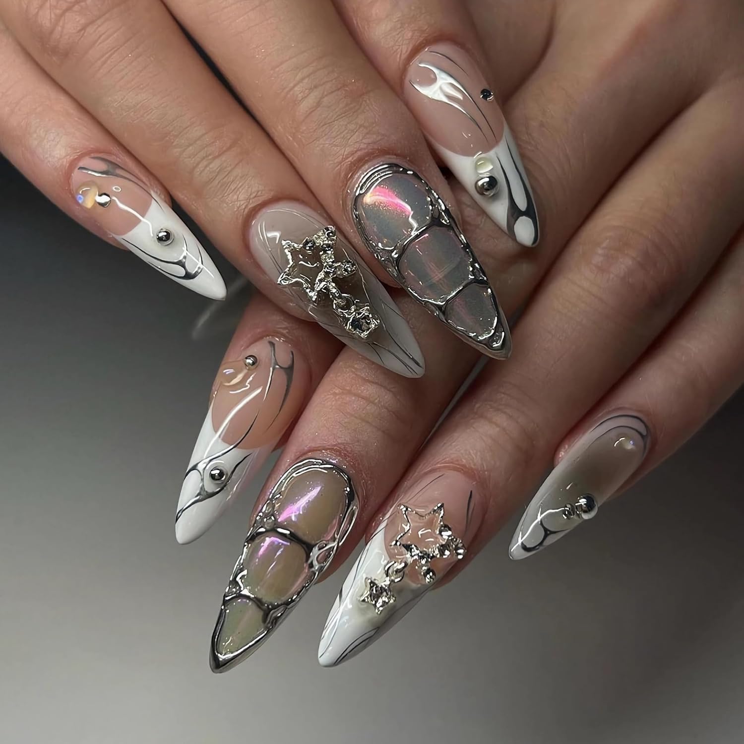 BABALAL Press on Nails Medium Almond Fake Nails Y2K Sliver Chrome Glue ons Nails French Tip Metallic Star Charm Design Acrylic Nails 24Pcs Stiletto Manicure False Nails