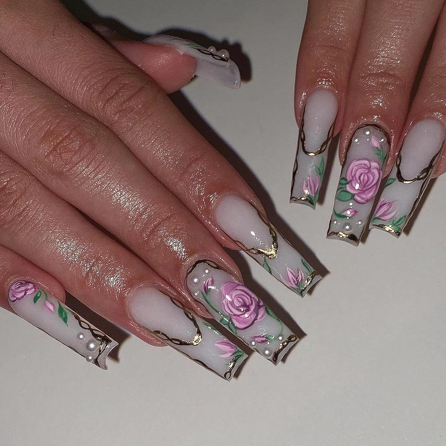 MERVF Coffin Press on Nails Long Fake Nails French Tip Ballerina White Glue on Nails Rose Floral Pearl Acrylic False Nails with Gold Lines Design Press ons 24pcs Glossy