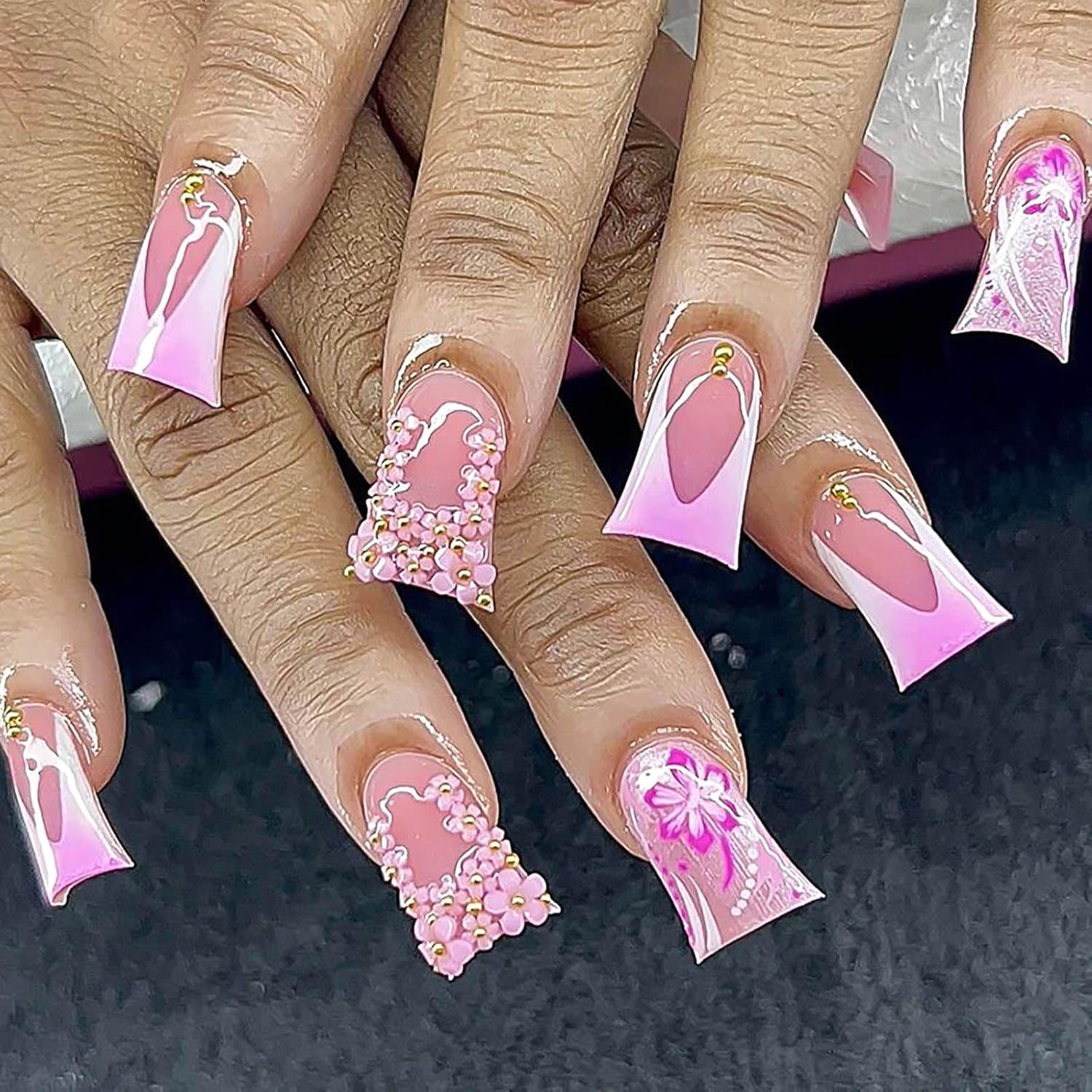 Pink Floral Duck French Press-On Nails Acrylic Fake Nails - Free Shipping