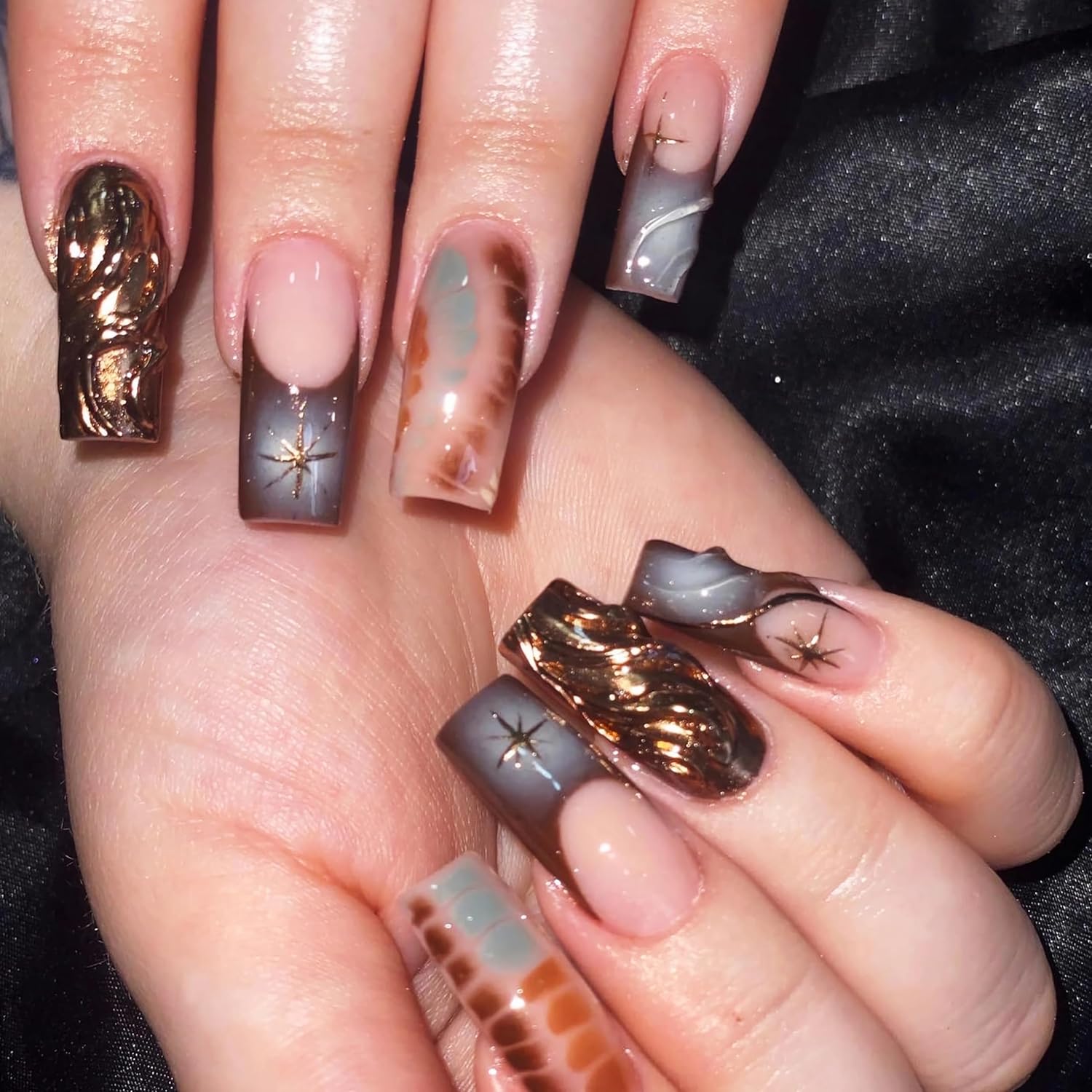 Golden Brown Abstract Starry Chrome Long Coffin Press-On Nails Acrylic Fake Nails-Free Shipping