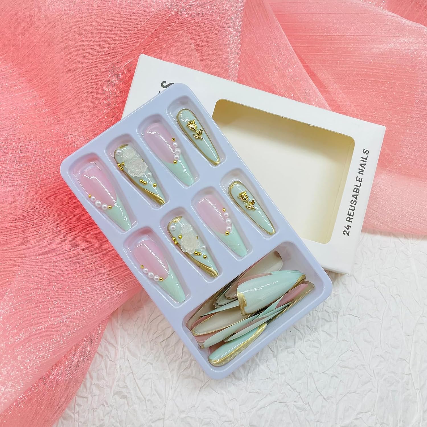 Long Press on Nails Stiletto Fake Nails with Designs 3D Gold Flower Stick on Nails Pearl False Nails White Floral Acrylic Nails Glossy Artificial Nails Full Cover Glue on Nails for Women 24Pcs