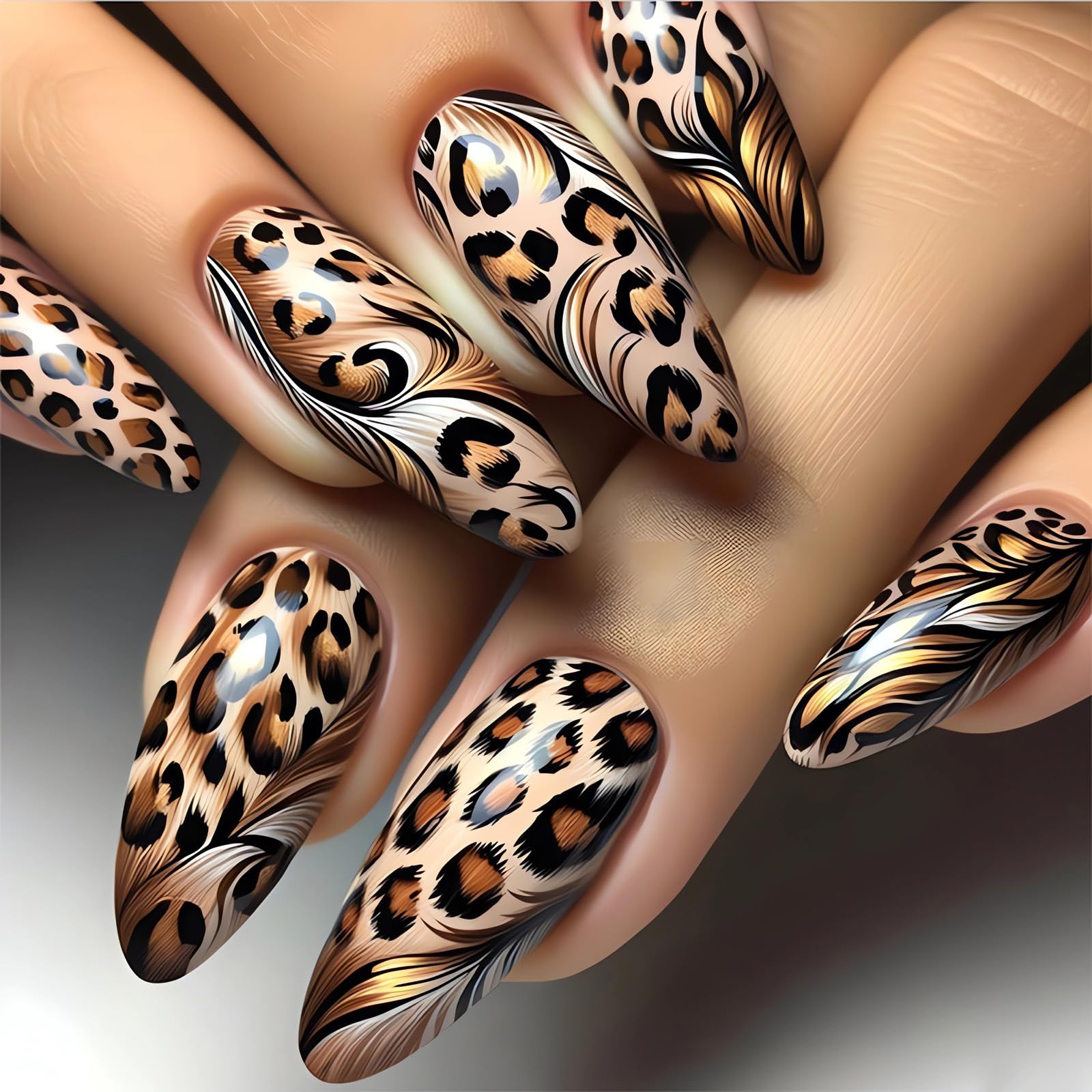 Leopard Press on Nails Almond Medium Fake Nails Gold Black Glue on Nails Full Cover Acrylic False Nail Tips Glossy Artificial Nails Medium Almond Stick on Nails for Women Manicure Decorations