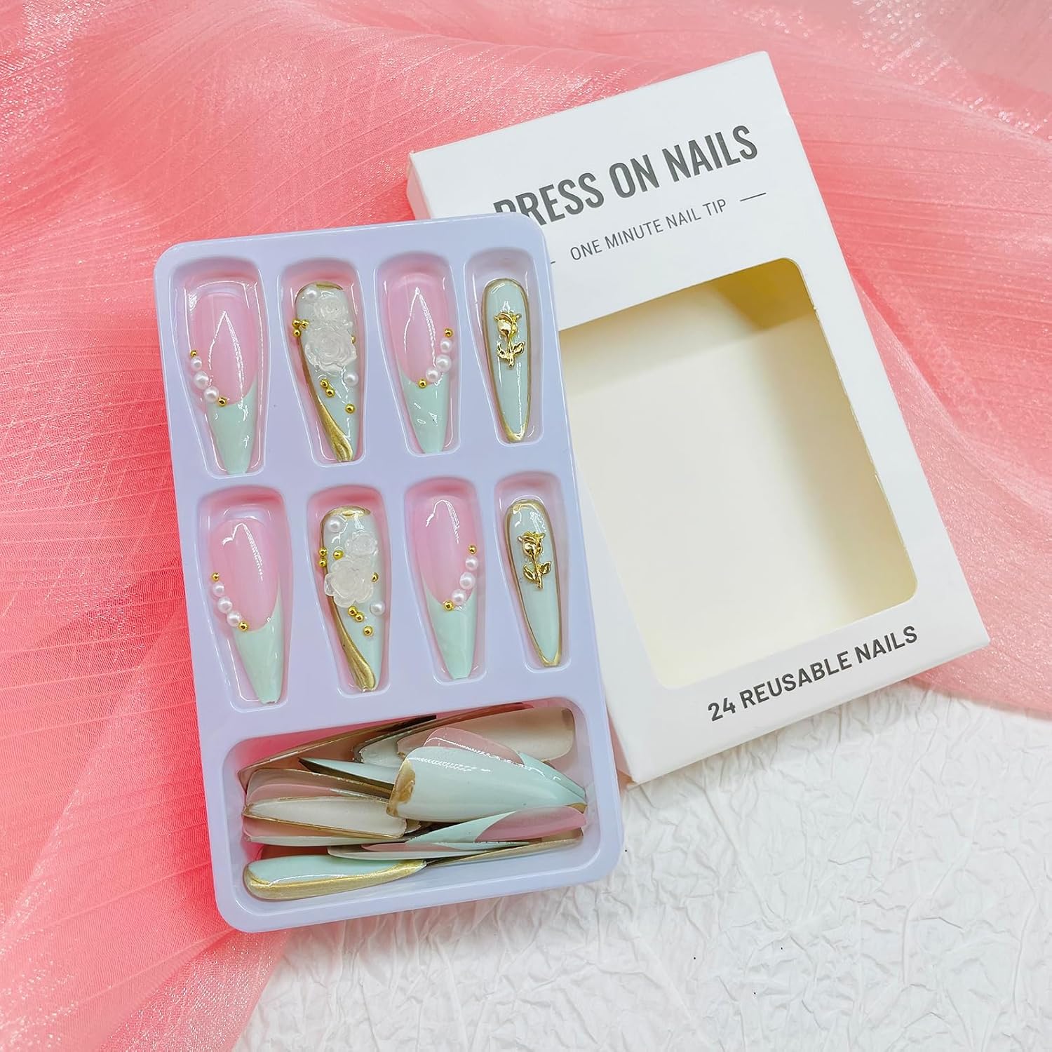 Long Press on Nails Stiletto Fake Nails with Designs 3D Gold Flower Stick on Nails Pearl False Nails White Floral Acrylic Nails Glossy Artificial Nails Full Cover Glue on Nails for Women 24Pcs