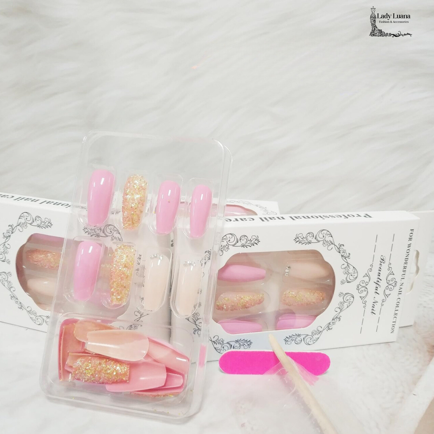 Nude Glitter Press On Medium Coffin False Nails -Free Shipping - Lady Luana Luxe Nails