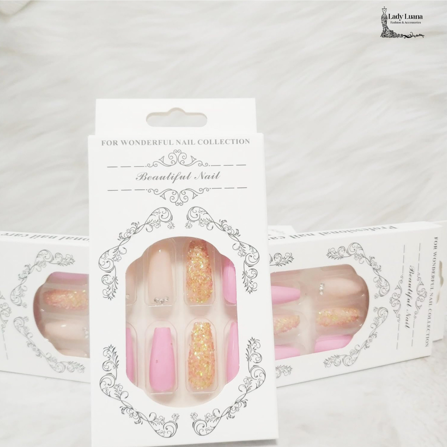Nude Glitter Press On Medium Coffin False Nails -Free Shipping - Lady Luana Luxe Nails