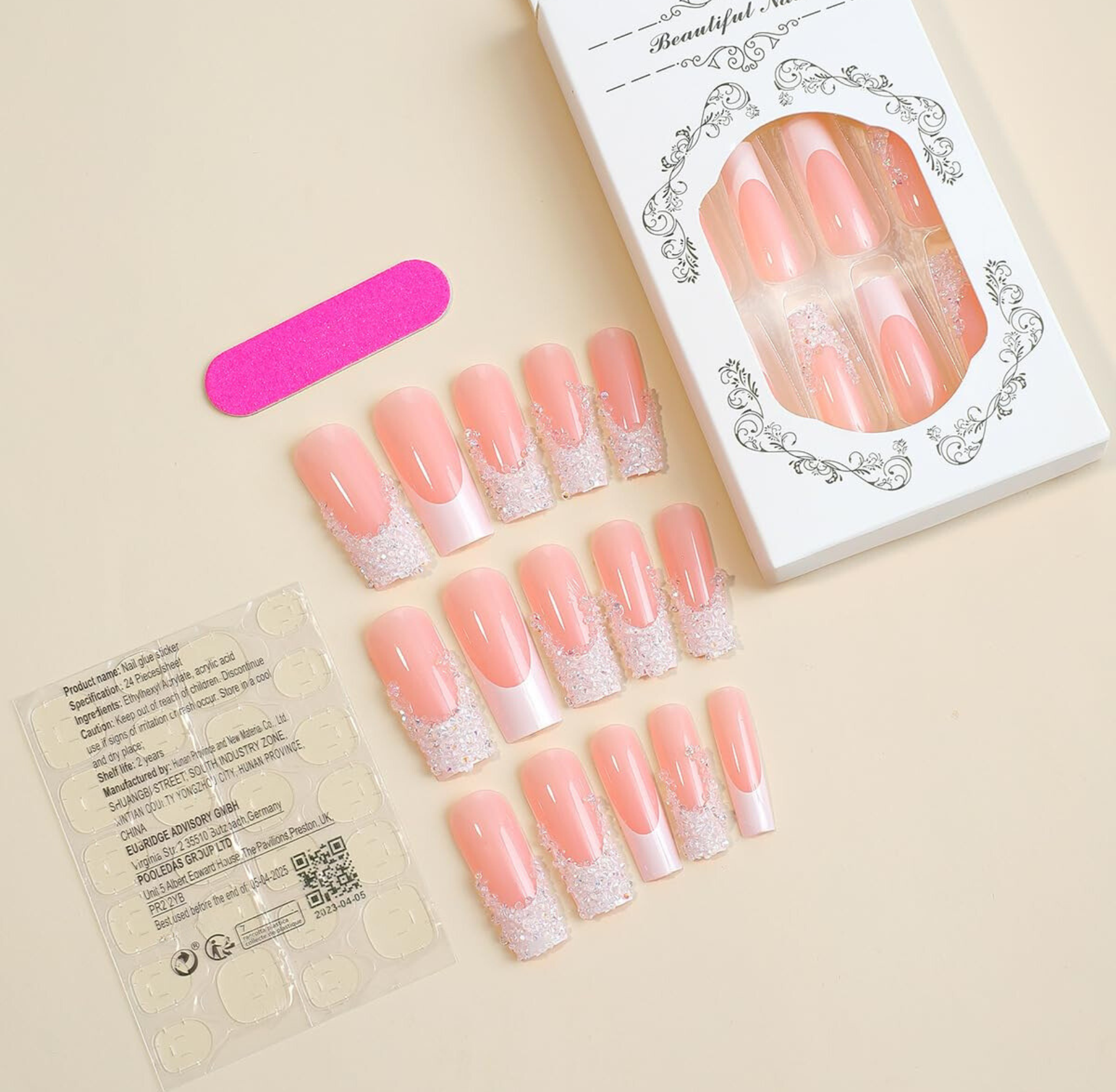 Sparkly French Rhinestone Long Coffin Press-On Nails Acrylic Fake Nails – Free Shipping