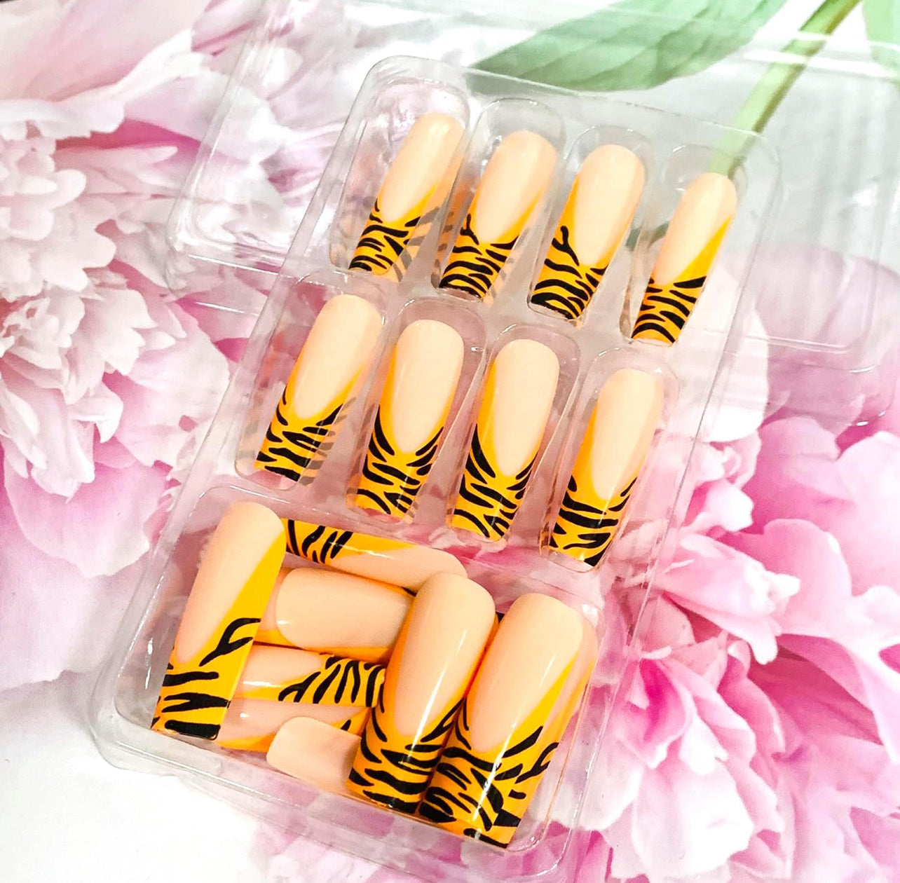 Tiger Print French Long Coffin Press-On Nails Acrylic False Nails - Free Shipping