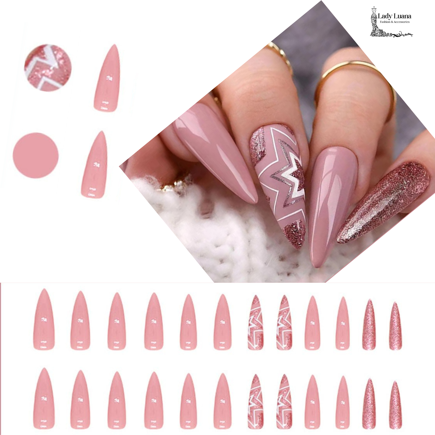 Stiletto Press on Nails Long Pink White Star Glitter-Free Shipping - Lady Luana Luxe Nails