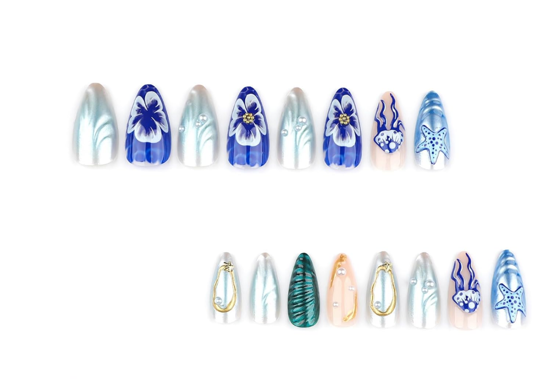 Stylish Blue Gradient 3D Pearl Ocean Theme Press-On Nails 24 Pcs - Free Shipping