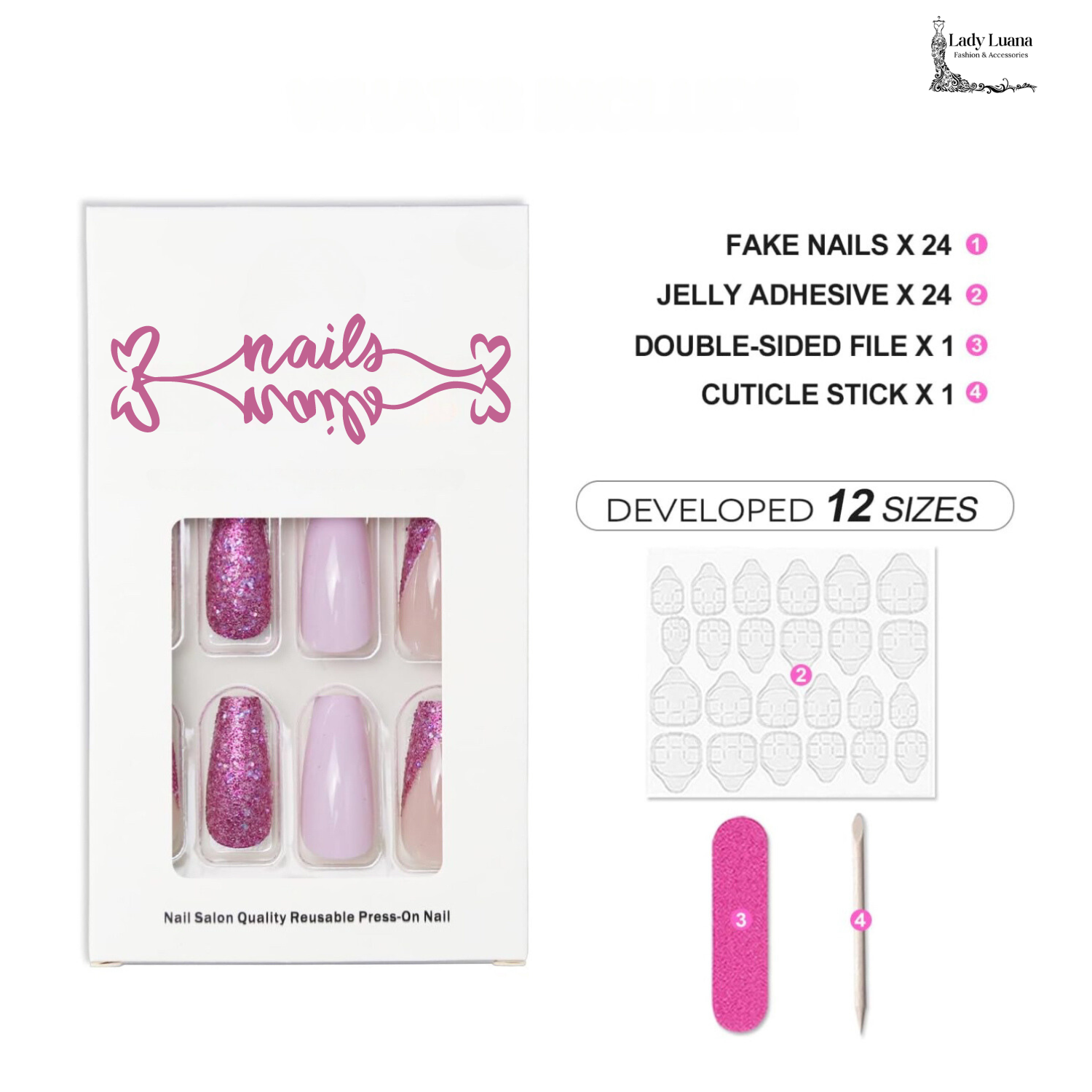 Nude Glitter Press On Medium Coffin False Nails -Free Shipping - Lady Luana Luxe Nails
