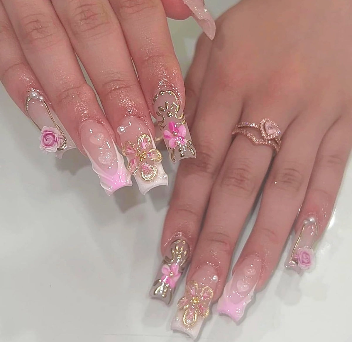 Floral Pearl Press-On Nails Long Square Coffin Acrylic Fake Nails - Free Shipping