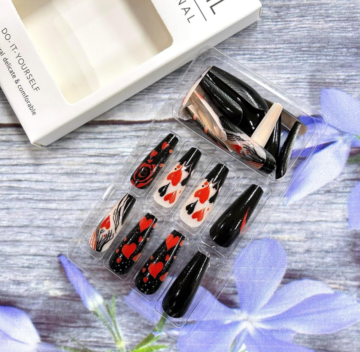 Black Red Heart Rose Coffin Valentine's Press-On Nails Acrylic Fake Nails-Free Shipping