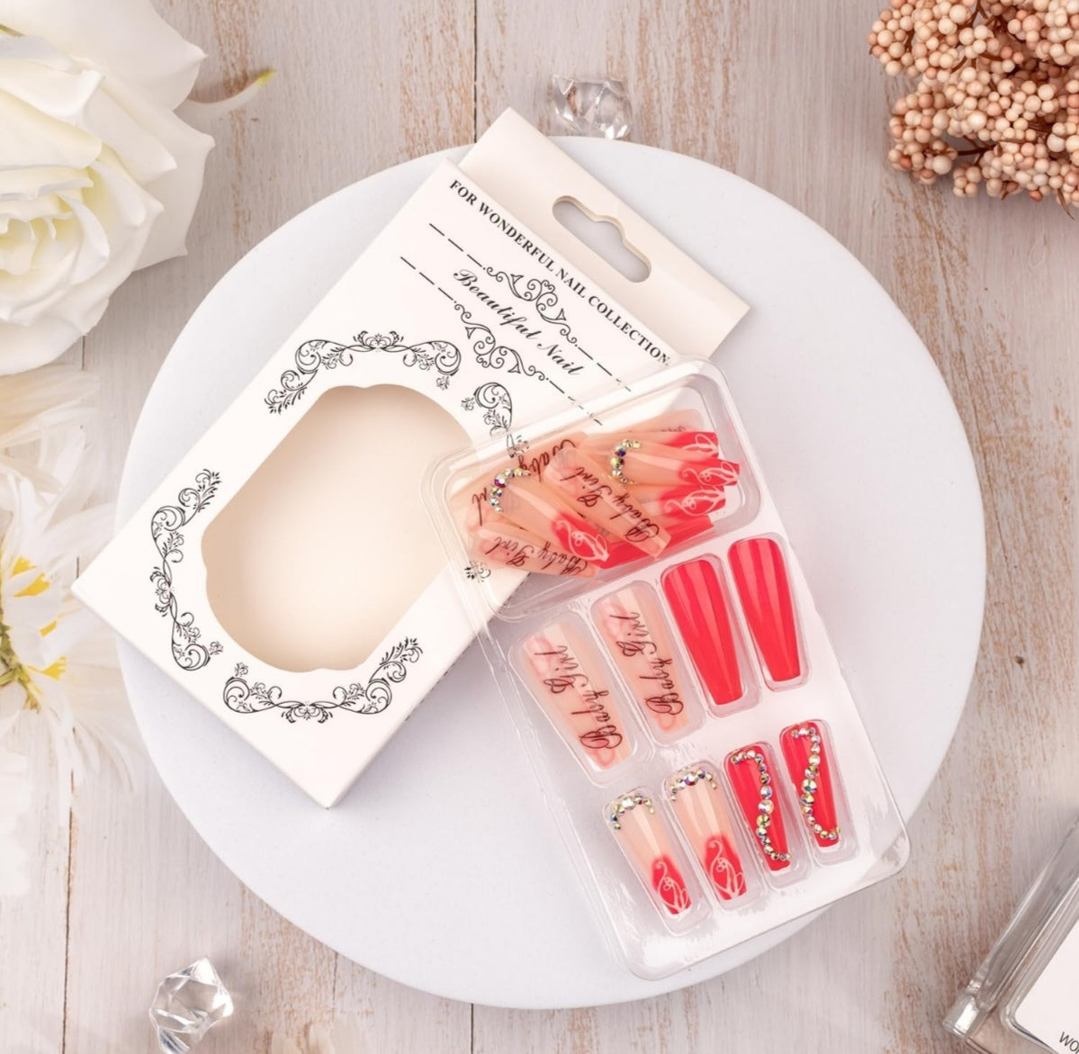 Trendy Baby Girl Glossy Rhinestone Long Coffin Press-On Nails Acrylic False Nails-Free Shipping