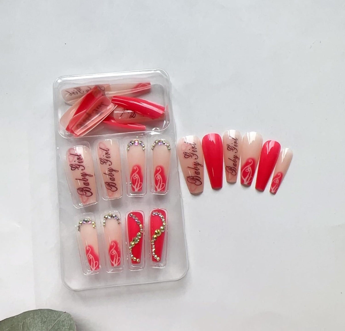 Trendy Baby Girl Glossy Rhinestone Long Coffin Press-On Nails Acrylic False Nails-Free Shipping