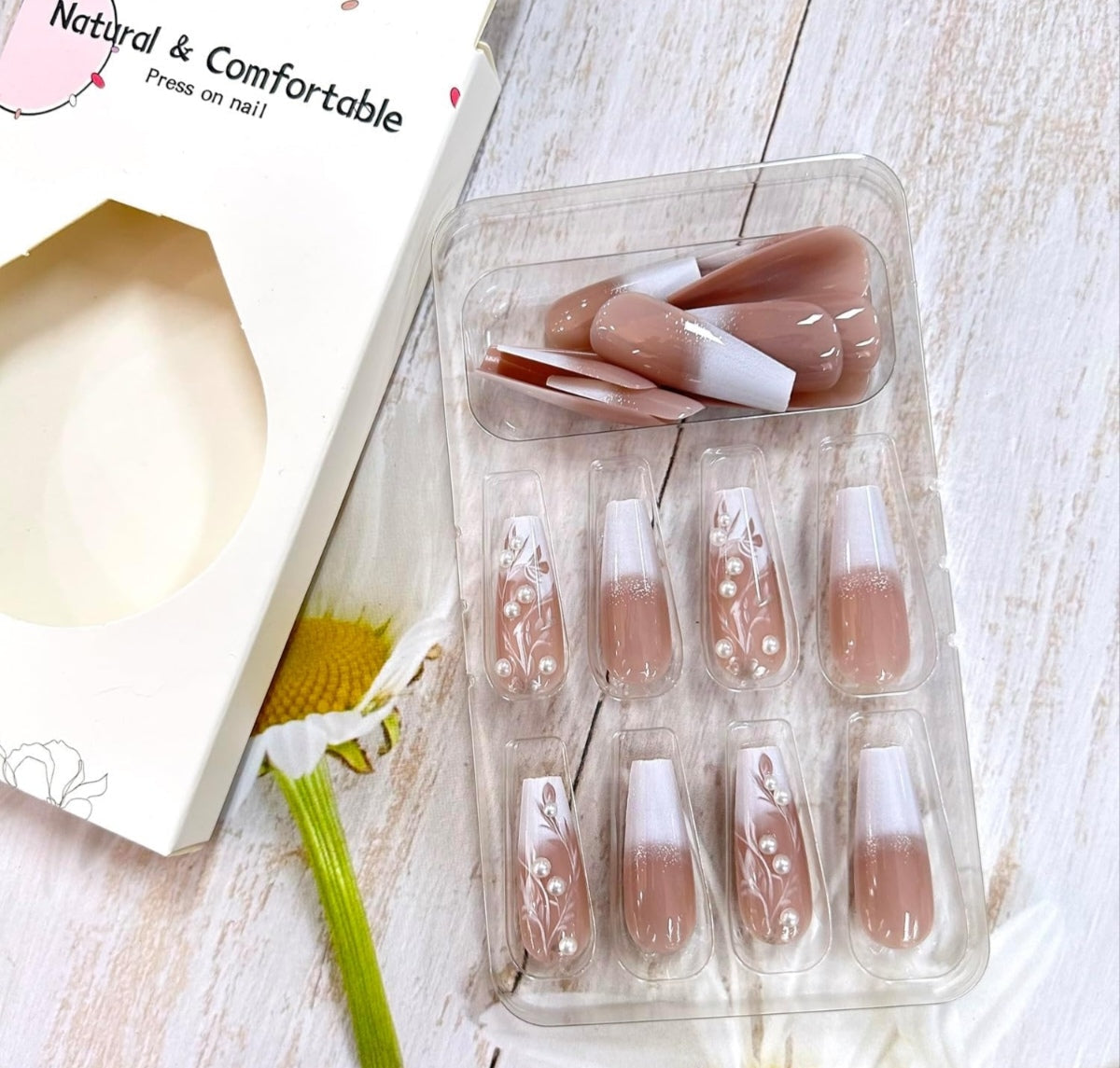 Elegant Floral White Ombre 3D Pearls French Tip Press-On Nails Acrylic False Nails-Free Shipping