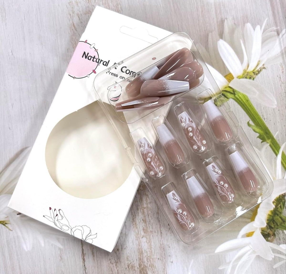Elegant Floral White Ombre 3D Pearls French Tip Press-On Nails Acrylic False Nails-Free Shipping