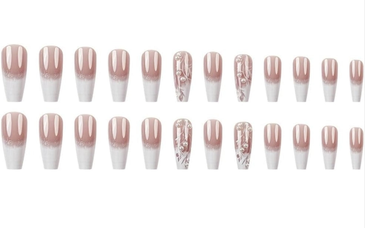Elegant Floral White Ombre 3D Pearls French Tip Press-On Nails Acrylic False Nails-Free Shipping
